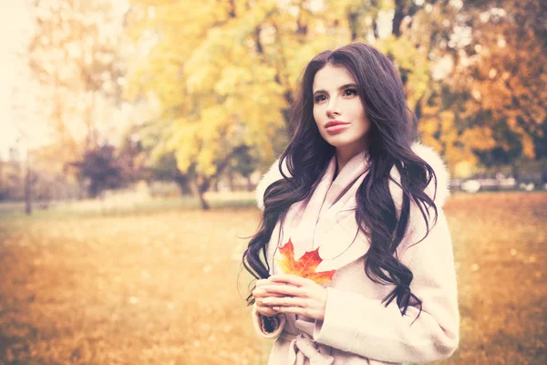 Beau modèle de femme d'automne avec cheveux ondulés avec feuilles d'automne — Photo