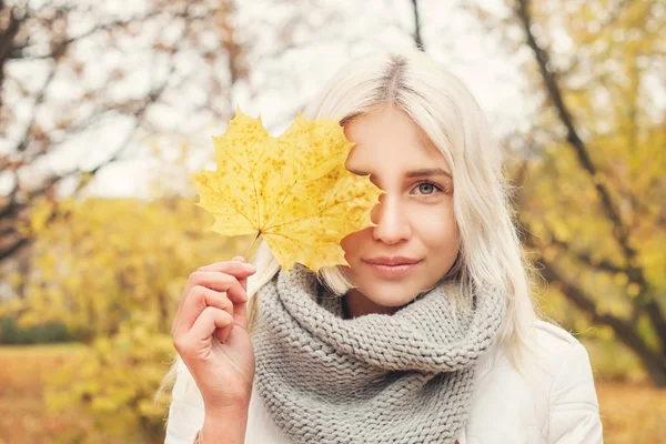 Hermosa mujer de otoño con hojas amarillas de otoño en la naturaleza de otoño —  Fotos de Stock