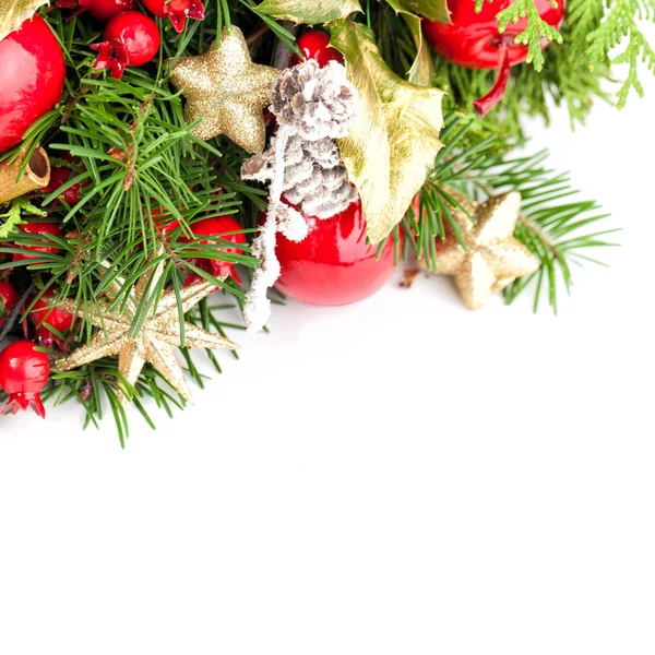 Vánoční pozadí hranice. Vánoční strom větvička, Zlatá hvězda — Stock fotografie