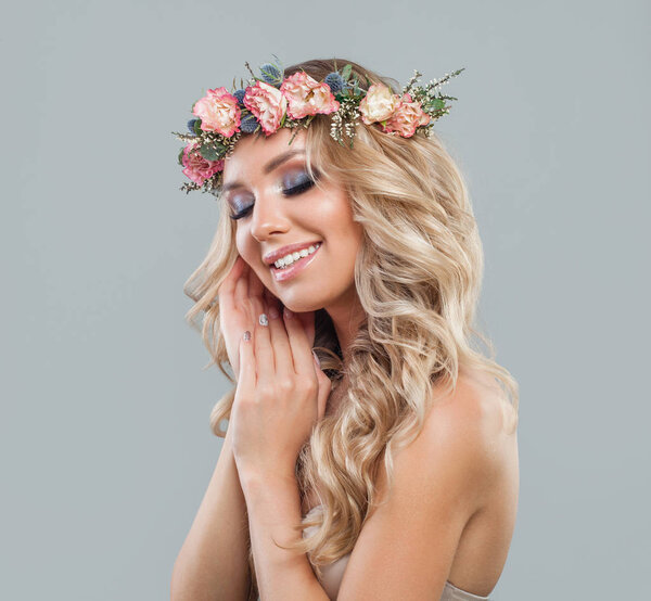 Beautiful Smiling Lady with Flowers, Wavy Hair, Makeup