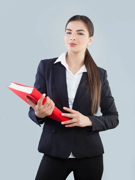 Young Businesswoman in Black Suit Holding Red Folder — Stock Photo, Image