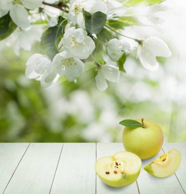 Taze elma, yeşil yapraklar, bahar çiçekleri