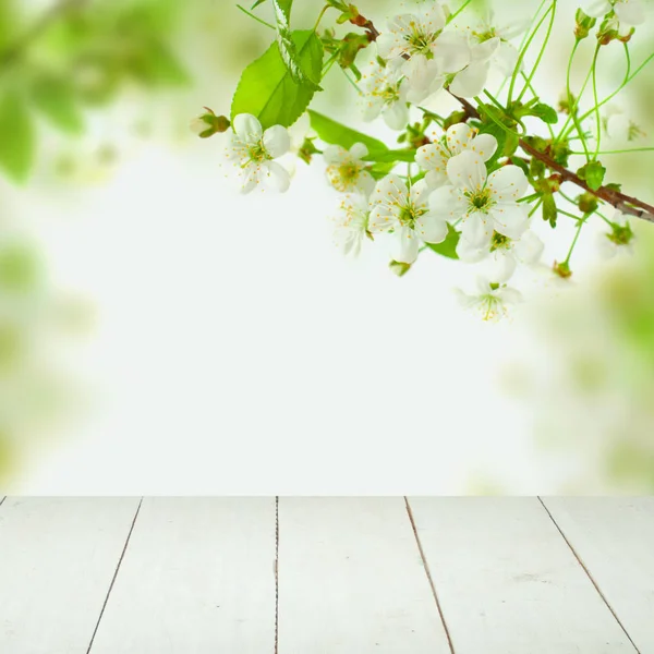 Table en bois vide blanche avec des fleurs, feuilles vertes — Photo