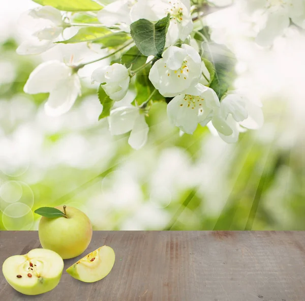 Green Apple Fruits Wooden Background Copy Space — Stock Photo, Image