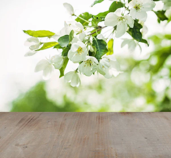 Fondo Enfoque Suave Con Hojas Verdes Flores Primavera Textura Madera —  Fotos de Stock