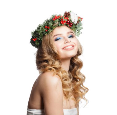 Cheerful model woman isolated on white, Christmas concept