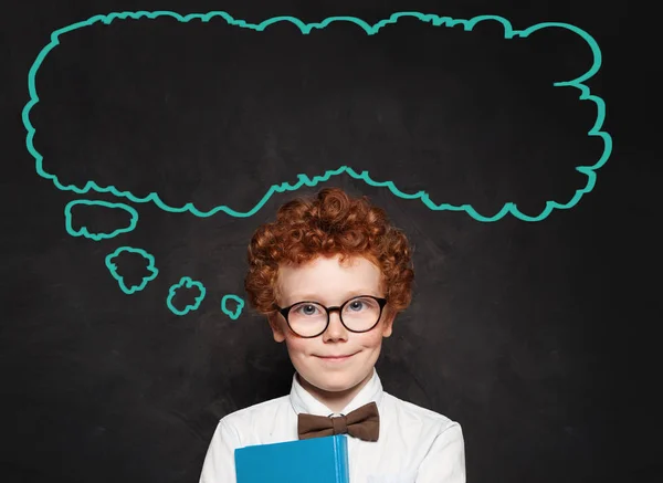 Thinking child and empty speech clouds bubbles with copy space — Stock Photo, Image