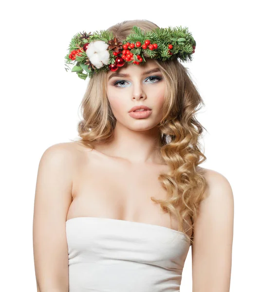 美しい完璧な女性クリスマスモデルは白に隔離 — ストック写真