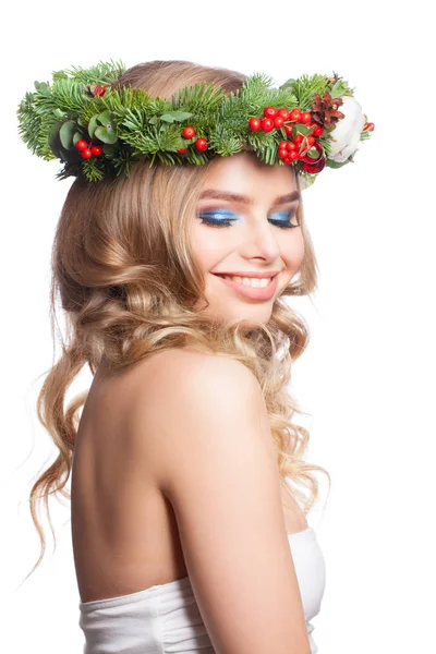 Belle femme modèle de Noël avec fard à paupières bleu maquillage — Photo