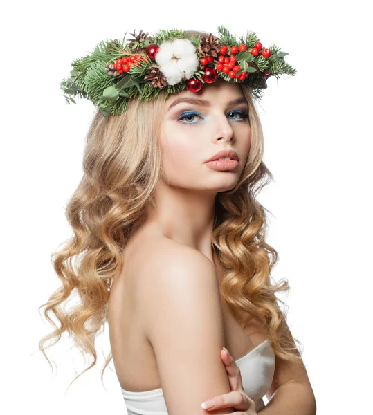 Stílusos nő Karácsonyi modell elszigetelt fehér — Stock Fotó