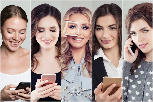 Glücklich lächelnde Frauen telefonieren, Smartphone benutzen, SMS schreiben — Stockfoto