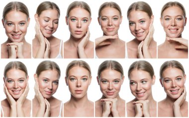 Duygusal kadınlar kolajla yüzleşir. Güzel gülümseyen kadın portreleri.