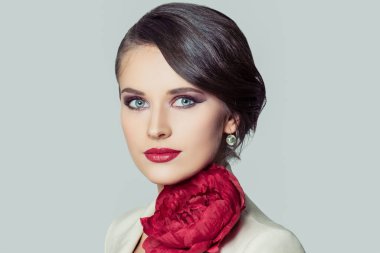 Elegant woman brunette fashion portrait, female face close up