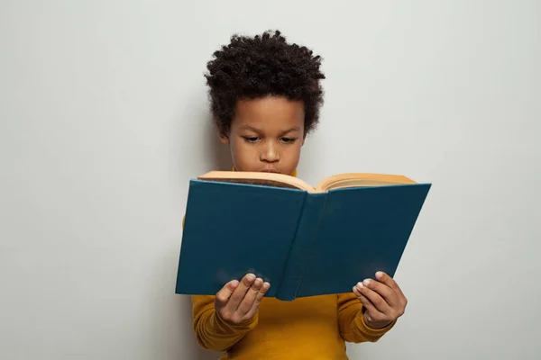 Sério preto garoto menino lendo um livro no branco fundo — Fotografia de Stock