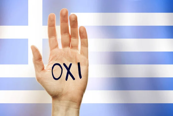 Vacaciones Grecia Inscripción Oxi Griego Mano Levantada Fondo Bandera Griega —  Fotos de Stock