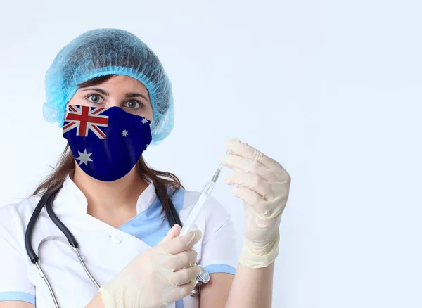 Mujer Científica Con Máscara Con Bandera Australia Investigación Virus Laboratorio —  Fotos de Stock
