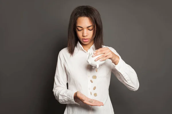 Smart Black Woman Putting Piggy Bank One Hundred Dollars Banknote — ストック写真