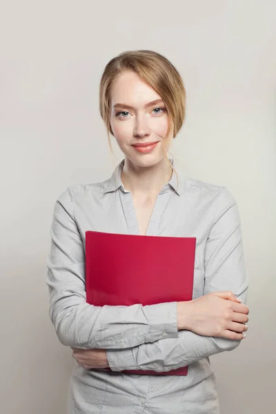 Friendly Successful Woman Documents Standing White Background — Stock Photo, Image