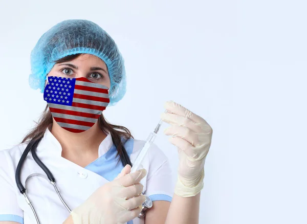 Mujer Científica Máscara Con Bandera Estados Unidos Investigación Virus Laboratorio —  Fotos de Stock