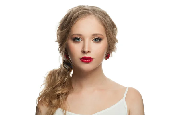 Retrato Moda Jovem Elegante Mulher Perfeita Isolado Branco — Fotografia de Stock