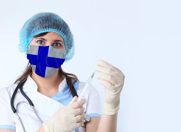 Mujer Científica Máscara Con Bandera Finlandia Investigación Virus Laboratorio Para —  Fotos de Stock