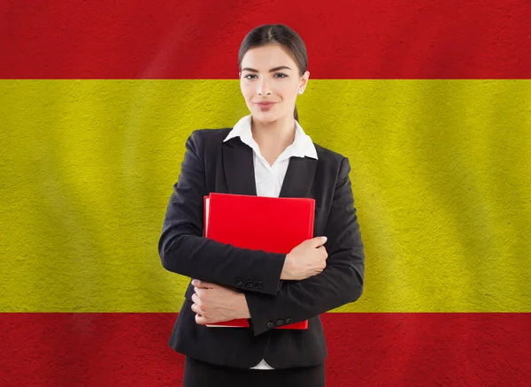 Mujer Joven Con Cuaderno Rojo Enseñanza Distancia España —  Fotos de Stock