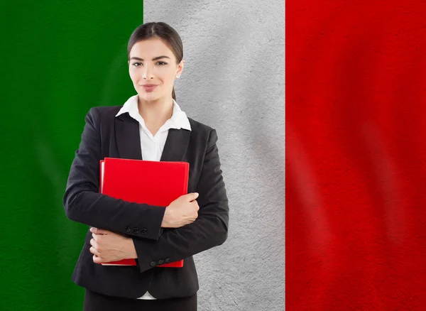 Mujer Joven Con Cuaderno Rojo Educación Concepto Empresarial — Foto de Stock