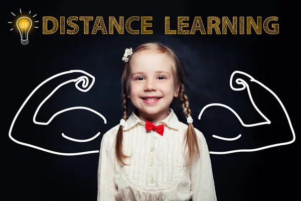 Clever girl smiling against blackboard with Distance learning pattern