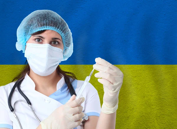 Mujer Científica Con Virus Probeta Contra Bandera Ucrania Investigación Virus —  Fotos de Stock