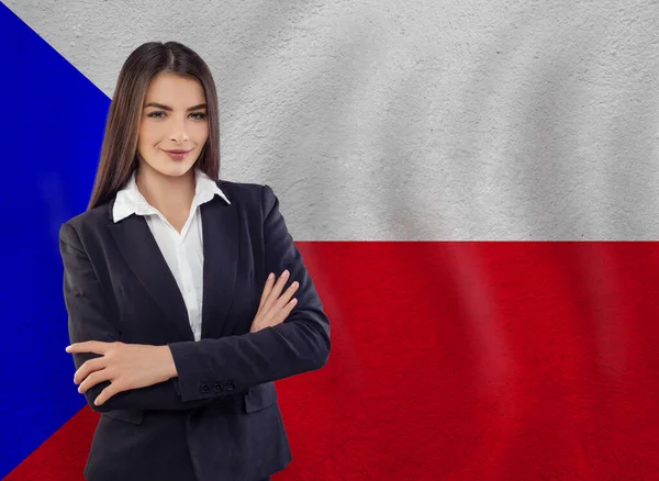 Young Woman Ready Business Education Czech Republic Flag Background — Stock Photo, Image