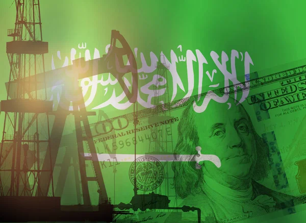 Jack Bomba Notas Dólar Fundo Bandeira Arábia Saudita Conceito Petróleo — Fotografia de Stock