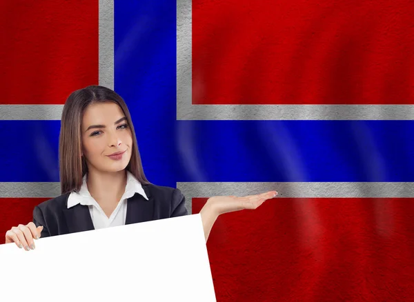 Young Woman White Empty Sign Board Banner Norwegian Flag — Stock Photo, Image