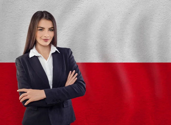 Młoda Kobieta Gotowa Pracy Lub Nauki Języka Przed Polską Flagą — Zdjęcie stockowe