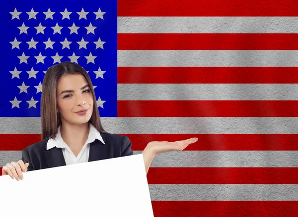 Young Woman White Banner Sign Board Usa Flag — Stock Photo, Image