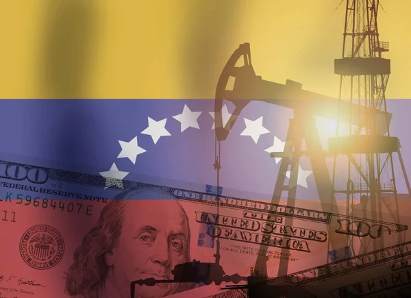 Crude oil and petroleum concept. Pump jack, US dollar notes and Venezuela flag backgroun