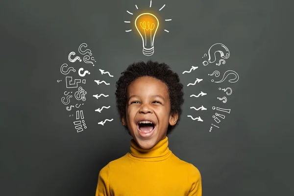 Ideas Brainstorm Concept Happy Child School Student Lightbulb Chalk Question — Stock Photo, Image