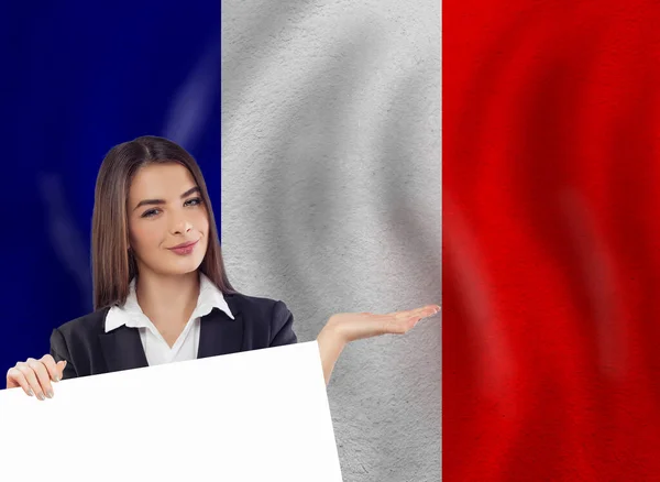 Jeune Femme Avec Bannière Blanche Drapeau National — Photo