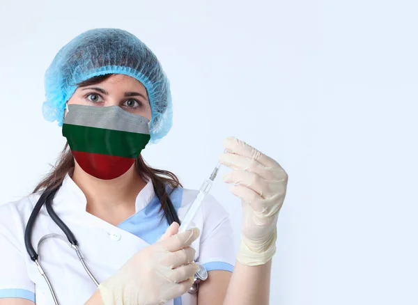 Mujer Científica Máscara Con Bandera Bulgaria Investigación Virus Laboratorio Para —  Fotos de Stock