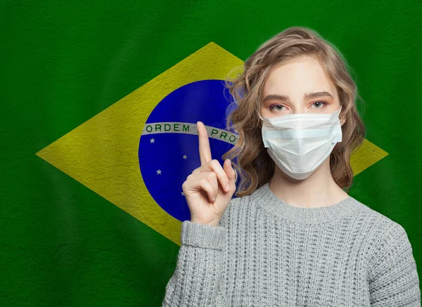 Woman Medical Mask Pointing National Brazilian Flag Background Flu Epidemic — Stock Photo, Image