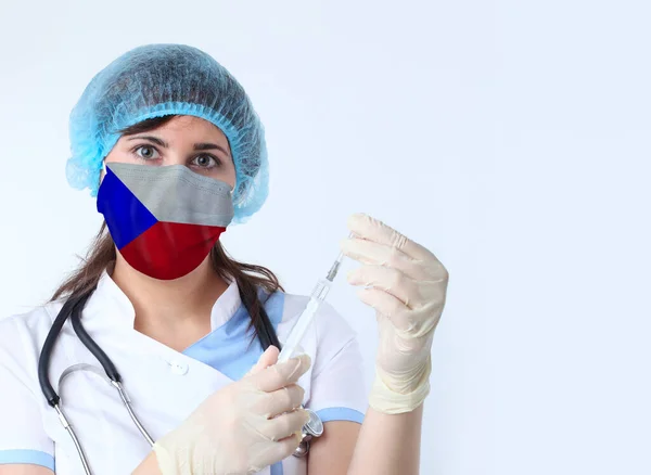Mujer Científica Máscara Con Bandera Checa Investigación Virus Laboratorio Para —  Fotos de Stock