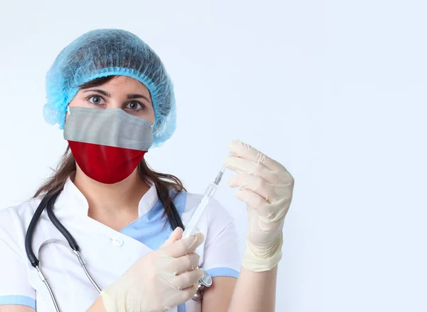 Mujer Científica Máscara Con Bandera Polonia Investigación Virus Laboratorio Para —  Fotos de Stock