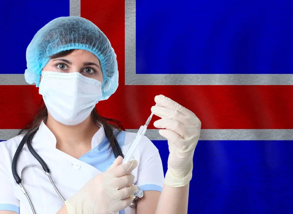 Mujer Científica Con Sonda Ensayo Coronavirus Covid Contra Bandera Islandia —  Fotos de Stock