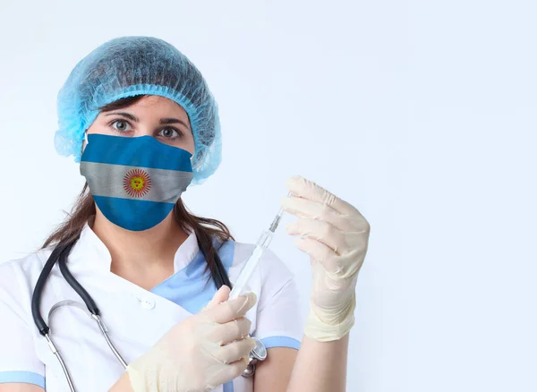 Mujer Científica Máscara Con Bandera Argentina Investigación Virus Laboratorio Para —  Fotos de Stock