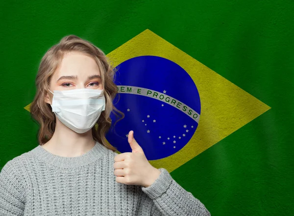 Happy Woman Face Mask Holding Thumb National Brazilian Flag Background — Stock Photo, Image