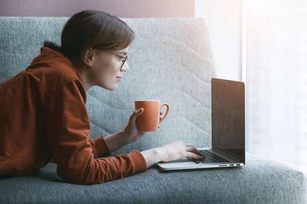 在家里用笔记本电脑的女人 舒适的在线工作场所 沙发上有咖啡 图库图片