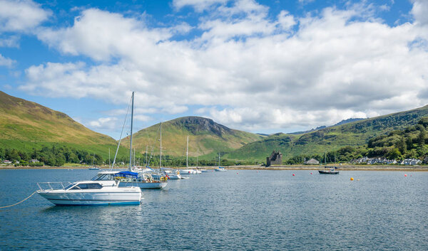 Lochranza bay with boats at anchor, Arran island.