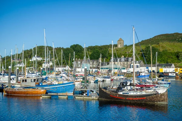 Oude houten jachten en moderne zeiljachten bij de jachthaven van Tarbert — Stockfoto