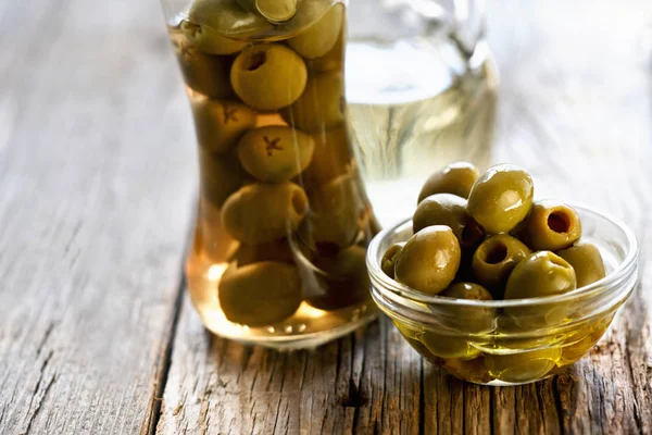 Aceitunas Verdes Recipiente Vidrio — Foto de Stock