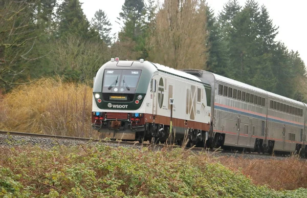 来自华盛顿州西雅图的一辆美铁客运列车 搭载乘客于2018年1月18日在加拿大温哥华海滨城市 — 图库照片