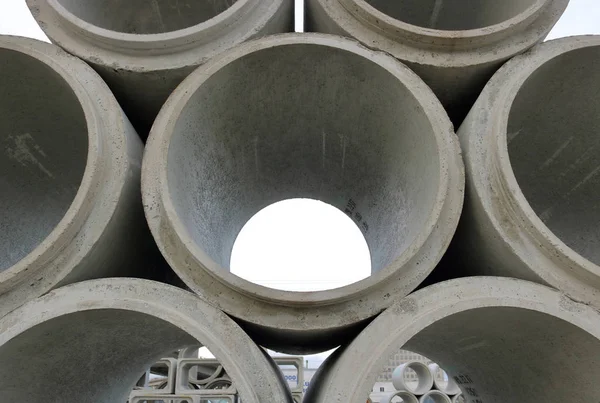 Close Stack Cement Sewer Parts Assembled Create New Sewer Lines — Stock Photo, Image